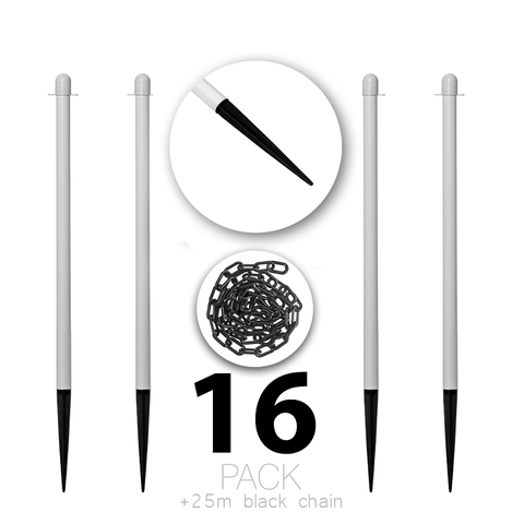 (Pakke med 16) Flexibarrier Stolpe- og Kjedebarriere med Plaststolpe - Spiker og 25m kjede