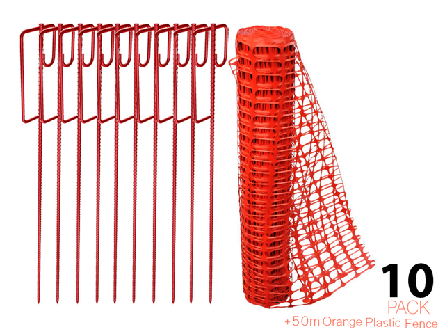 (50m Pakke) - Flexibarrier Safety Mesh avsperringsgjerde + 10x gjerdepinner