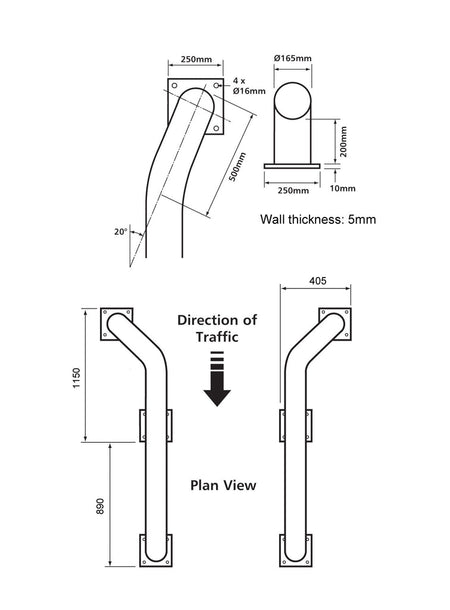 Dimensional drawing of cranked loading bay wheel guides