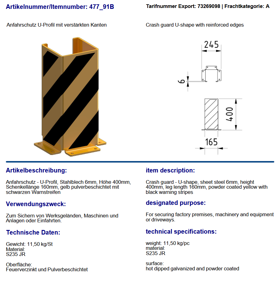 Reolbeskyttelse – Crash Guard – U-form med forsterkede kanter